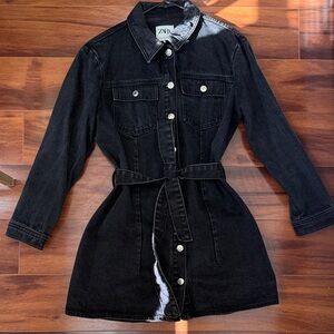 Zara Black Denim Shirt Dress Jacket with Waist Tie